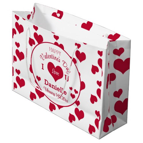 Custom Happy Valentines Day White  Red Hearts  Large Gift Bag