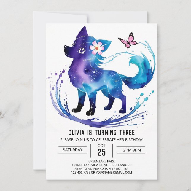 Custom Happy Wolf Digital Girl Birthday Invitation (Front)