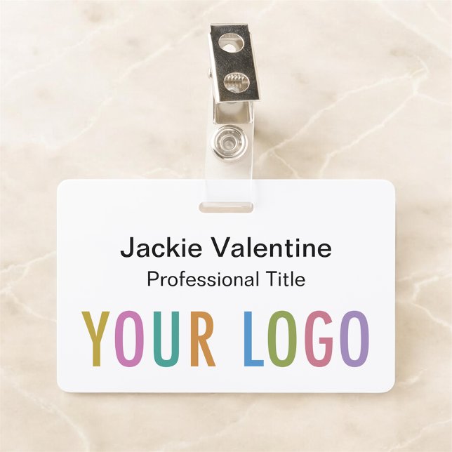 Custom Hard Plastic Name Badge Clip Lanyard Reel (MISOOK White Horizontal Name Badge with Logo on Bottom)