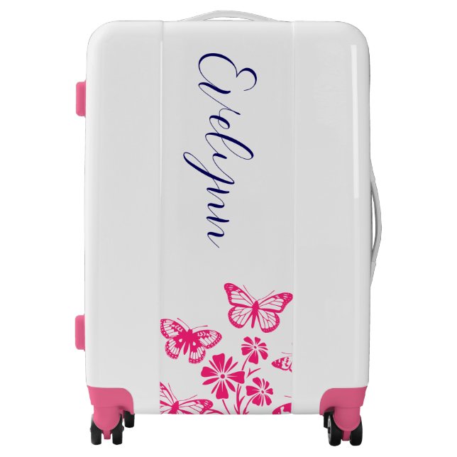 Custom Hardshell Pink Butterflies Floral White Luggage (Front)