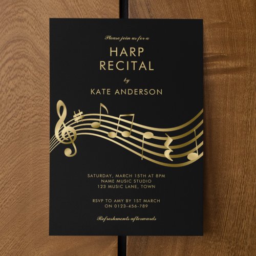 Custom Harp Recital Gold Music Notes Black Invitation