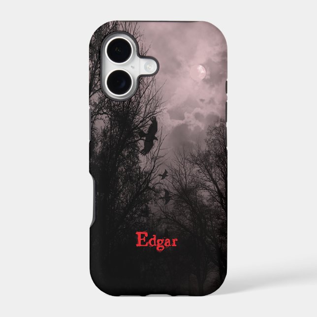 Custom Haunted Sky Dark Trees with Ravens Red Case-Mate iPhone Case (Back)