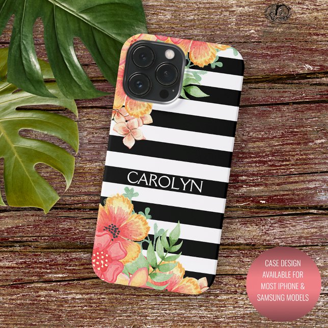 Custom Hawaii Flowers Black White Stripes Pattern Case-Mate iPhone Case (Creator Uploaded)