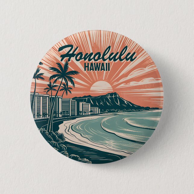 Custom Hawaii Honolulu Waikiki Beach Retro Travel Button (Front)