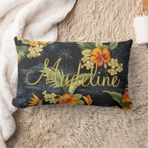Custom Hawaiian Orange Hibiscus Flower Pattern Lumbar Pillow