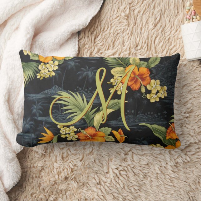 Custom Hawaiian Orange Hibiscus Flower Pattern Lumbar Pillow (Blanket)