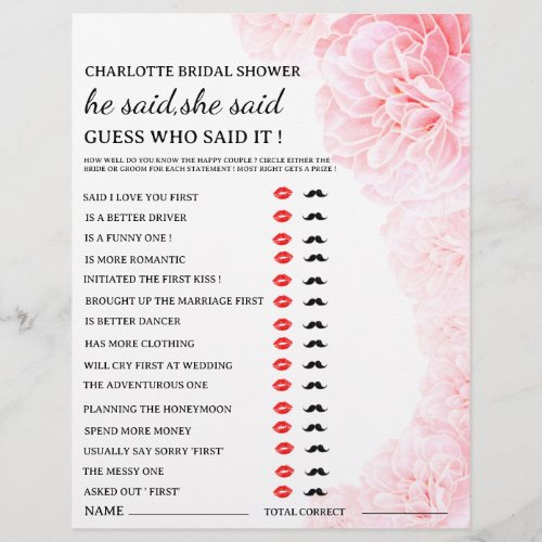 Custom He said She said Bridal Shower Game  Flyer