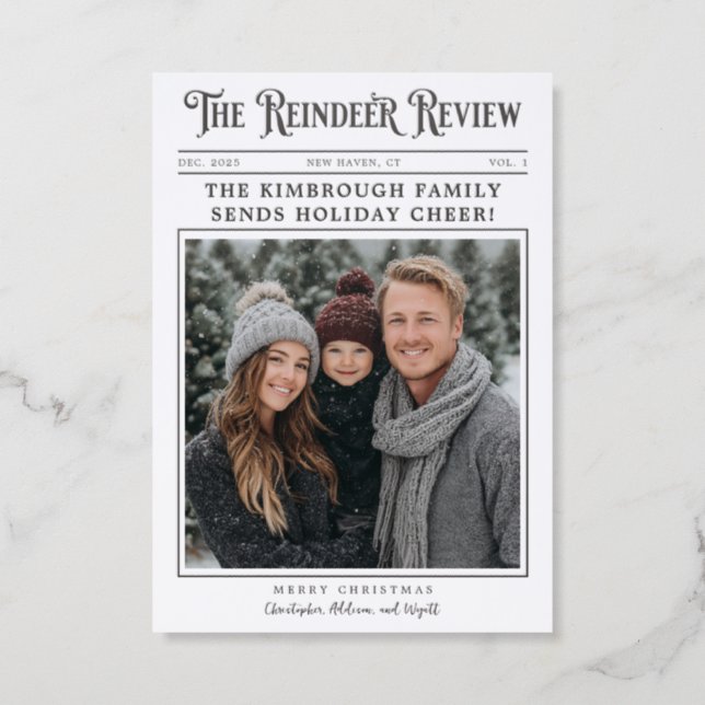 Custom Headline Reindeer Review Christmas Letterpress Photo Cards (Front)