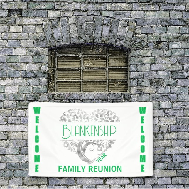 Custom Heart Art Tree White Silver Horizontal Banner (Welcome the family with a green, white and silver banner featuring an art heart tree. )