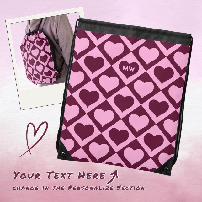 Custom Heart Checkerboard Pattern Bordeaux Pink -  Drawstring Bag (Creator Uploaded)