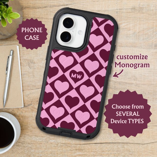 Custom Heart Checkerboard Pattern Bordeaux Pink -  Otterbox iPhone Case (Creator Uploaded)