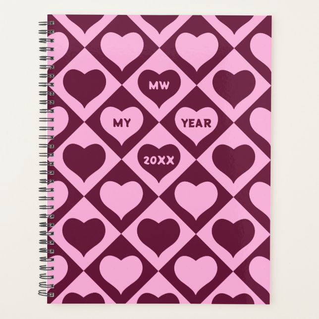 Custom Heart Checkerboard Pattern Bordeaux Pink -  Planner (Front)