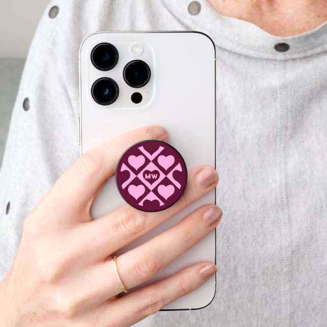Custom Heart Checkerboard Pattern Bordeaux Pink -  PopSocket (Hand)