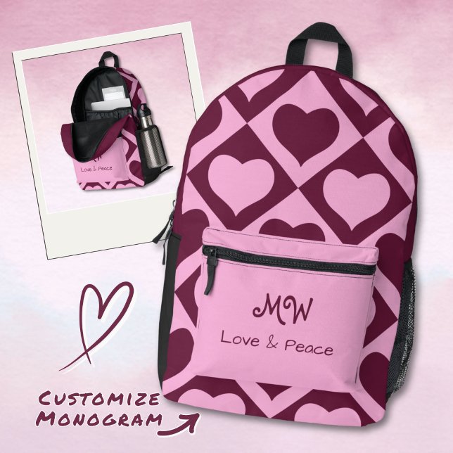 Custom Heart Checkerboard Pattern Pink Bordeaux -  Printed Backpack (Creator Uploaded)