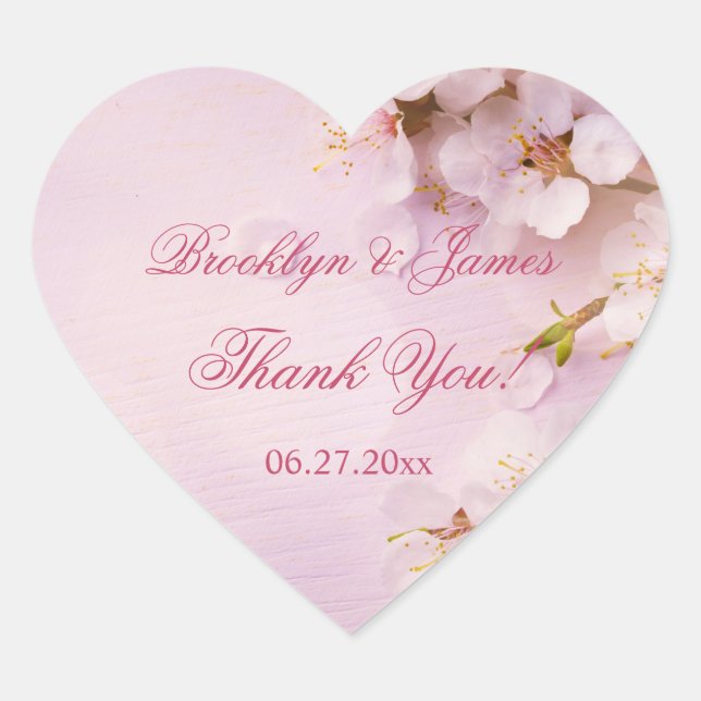 Custom Heart Cherry Blossom Wedding Favor Stickers (Front)