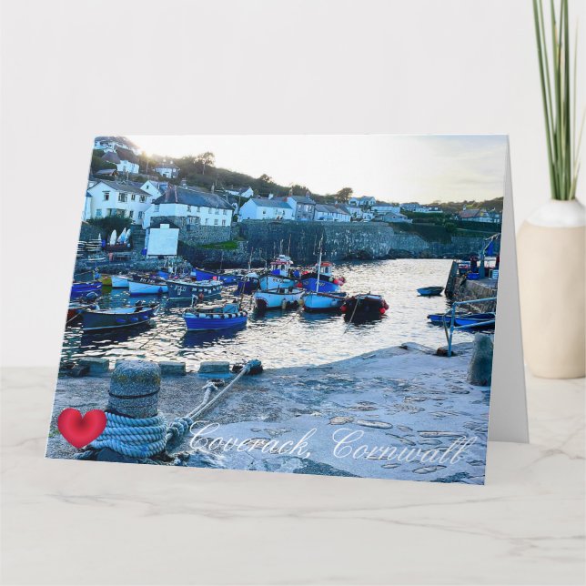 Custom Heart Coverack Harbor Dusk Cornwall Photo Card (Front)