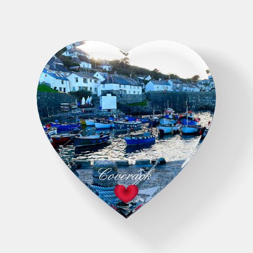 Custom Heart Coverack Harbor Dusk Cornwall Photo Paperweight