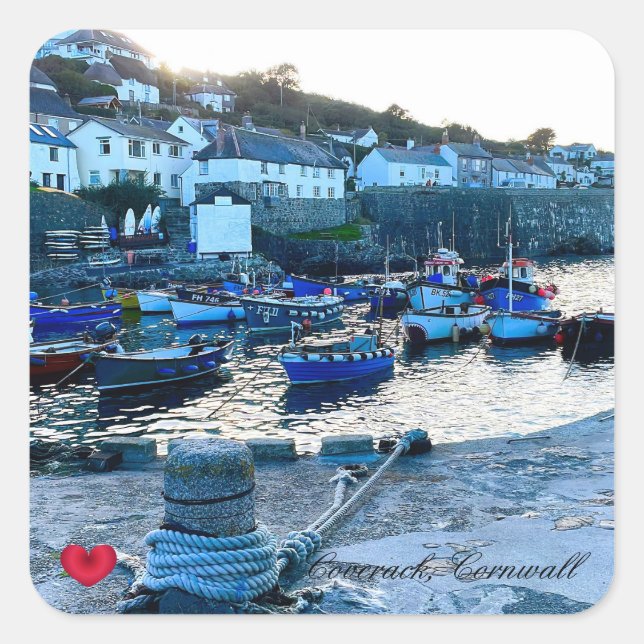 Custom Heart Coverack Harbor Dusk Cornwall Photo Square Sticker (Front)