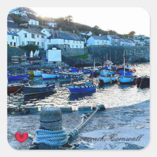 Custom Heart Coverack Harbour Dusk Cornwall Photo Square Sticker