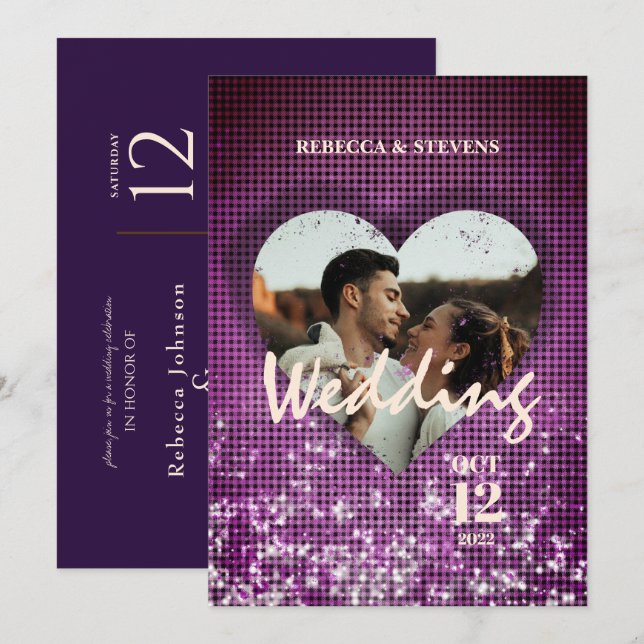 Custom Heart Faux Burgundy Plaid Photo Wedding Invitation (Front/Back)