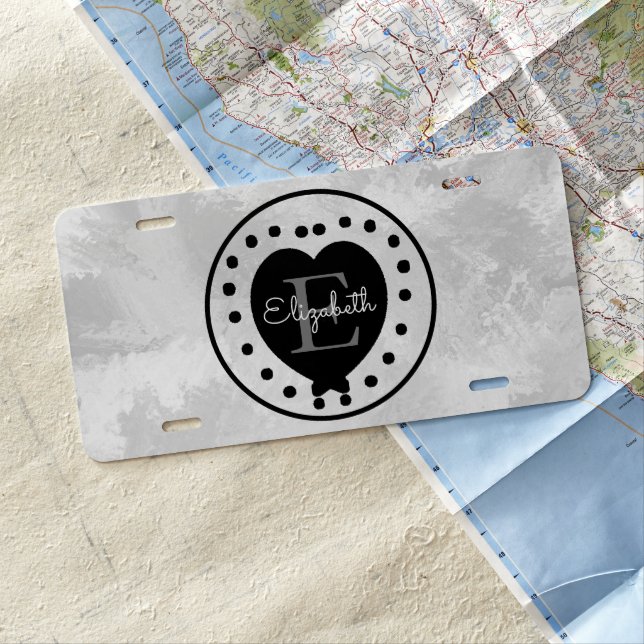 Custom Heart Initial Letter Monogram Black Gray License Plate (In Situ)