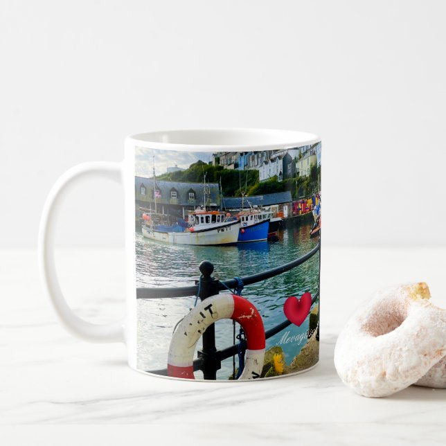 Custom Heart Mevagissey Harbor Lifebuoy Cornwall Coffee Mug (With Donut)