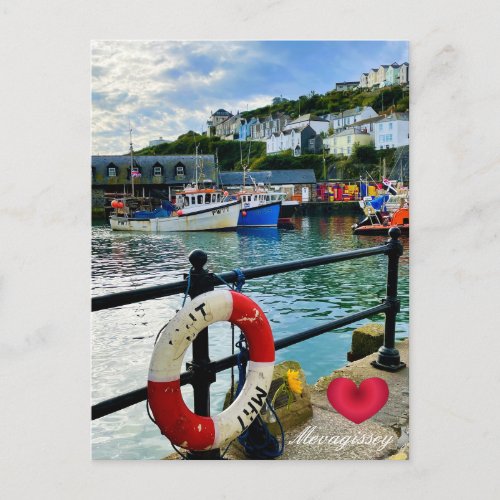 Custom Heart Mevagissey Harbor Lifebuoy Cornwall Holiday Postcard
