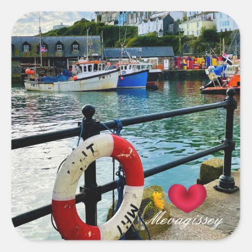 Custom Heart Mevagissey Harbor Lifebuoy Cornwall Square Sticker