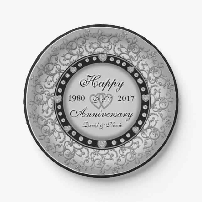 Custom Heart Monogram Ornamental Anniversary Paper Plates (Front)