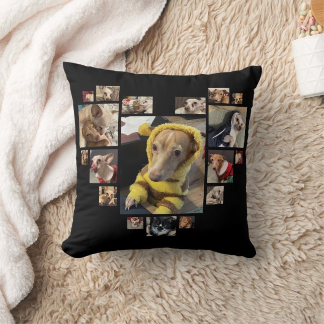 Custom Heart Multiple Photo Collage Dogs Black Throw Pillow (Blanket)