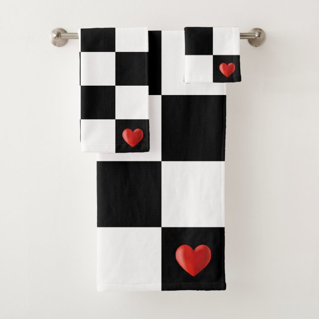 Custom Heart on Black and White Checkered Pattern Bath Towel Set (Insitu)