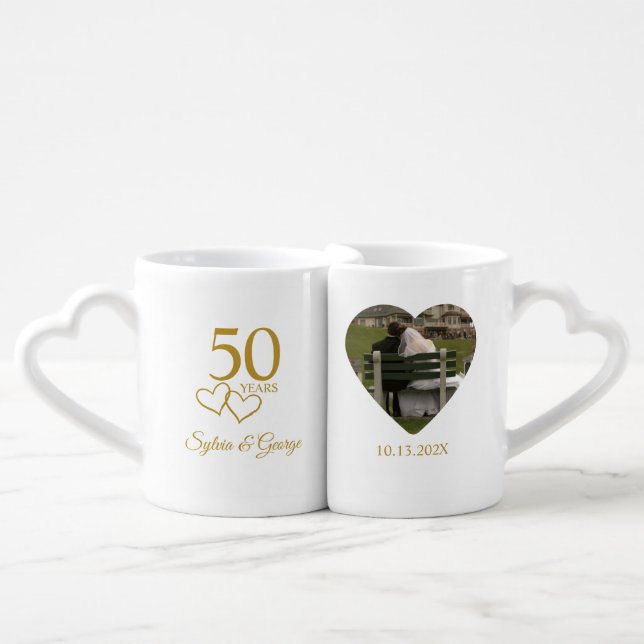 Custom Heart Photo 50th Wedding Anniversary Gift Coffee Mug Set (Front Nesting)