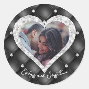 Custom Heart Photo Black & Silver Diamonds Wedding Classic Round Sticker