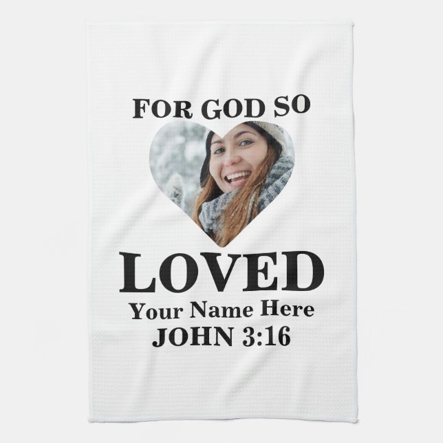 Custom heart photo Christian Bible Verse John 3 16 Kitchen Towel (Vertical)