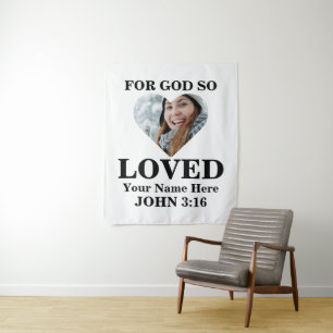 Custom heart photo Christian Bible Verse John 3 16 Tapestry