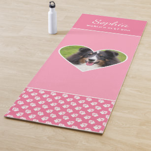 Custom Heart Shape Pet Photo On Pink & Text Yoga Mat