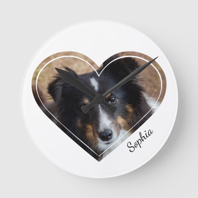 Custom Heart Shape Pet Photo & Personalized Text Round Clock (Front)