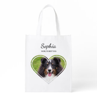 Custom Heart Shape Pet Photos &amp; Personalized Text Grocery Bag