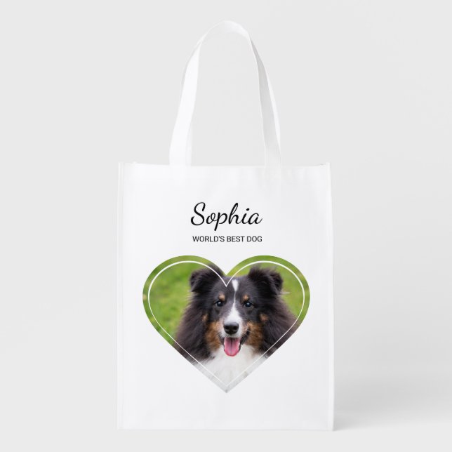 Custom Heart Shape Pet Photos & Personalized Text Grocery Bag (Front)
