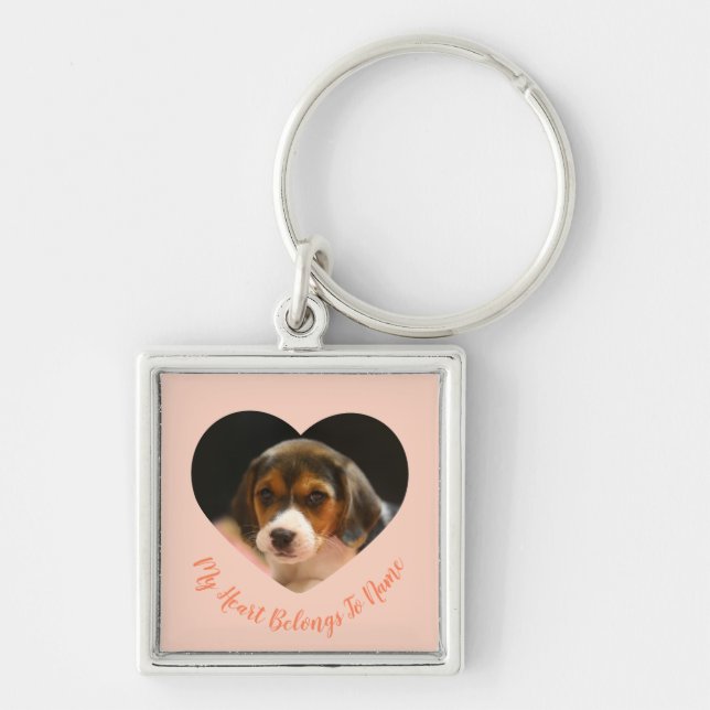 Custom Heart-Shaped Puppy Photo & Name Keychain (Front)