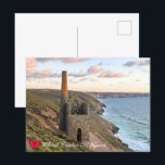 Custom Heart Wheal Coates St Agnes Cornwall Photo Holiday Postcard<br><div class="desc">Customizable photos of Cornwall’s beauty, this one of Wheal Coates near St Agnes on Cornwall's North Coast at sun down, the red sun at the horizon staining the clouds a pretty peach color. Towanroath Shaft Pumping Engine House, part of the Wheal Coates tin mine sett, was built in 1872 on...</div>