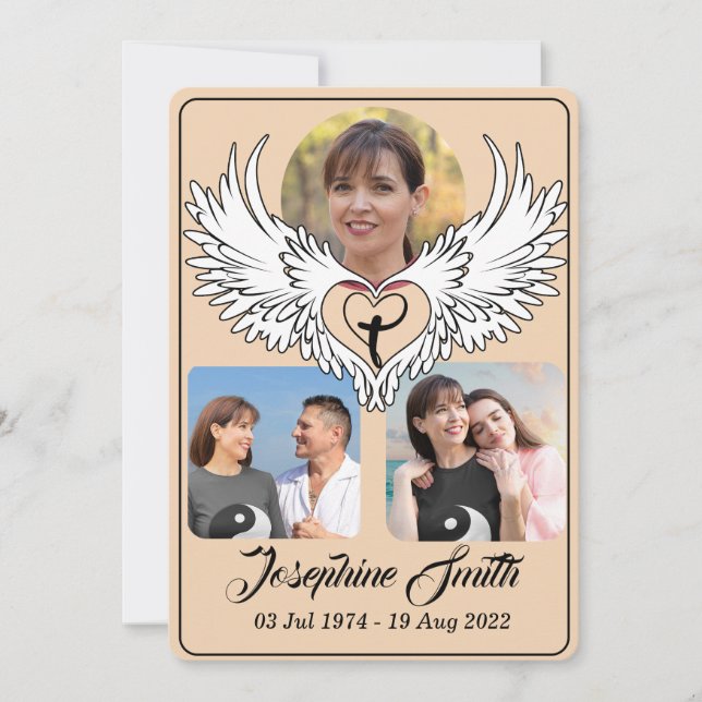 Custom Heart Wings 3 Photo Funeral Invitation (Front)