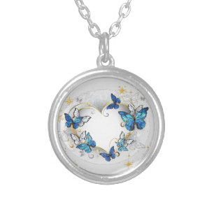 Custom Heart with Butterflies Morpho Silver Plated Necklace