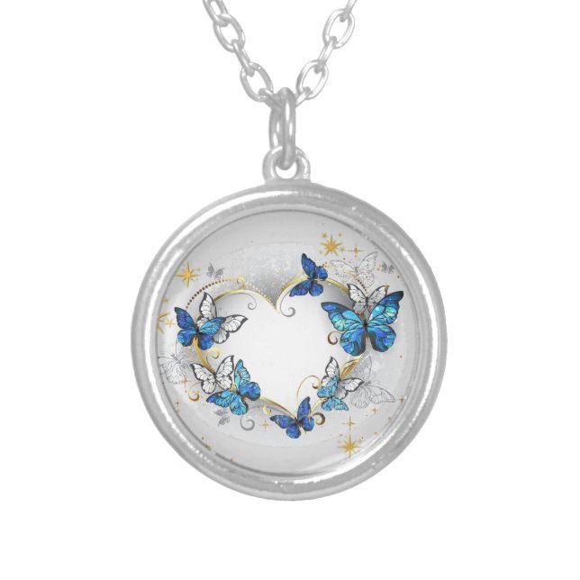 Custom Heart with Butterflies Morpho Silver Plated Necklace (Front)