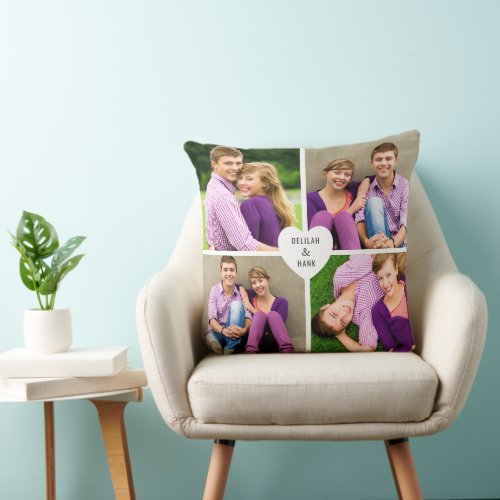 Custom Heart with Couple Names 4 Photo Collage Throw Pillow