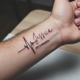 Custom Heartbeat Name with Roman Numeral Date Temporary Tattoos