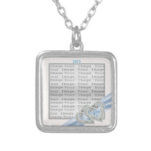 Custom Hearts Ice Blue Ribbon Necklace