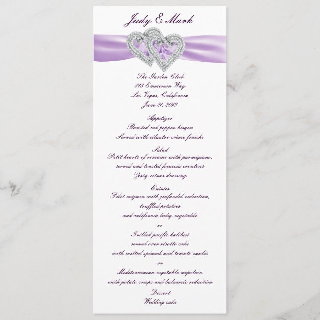 Custom Hearts Lavender Ribbon Menu Card (Front)