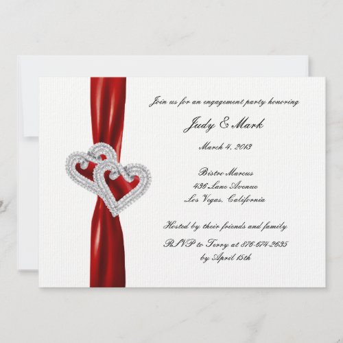 Custom Hearts Red Ribbon Engagement Party Invite