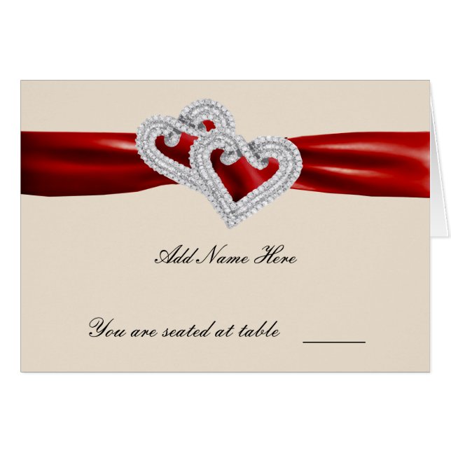 Custom Hearts Red Ribbon Place Card (Front Horizontal)